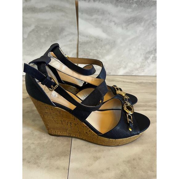 Marc Fisher Women's Brantor-R Navy Cork Wedge Sandals Size 10 Shoes - Picture 1 of 6